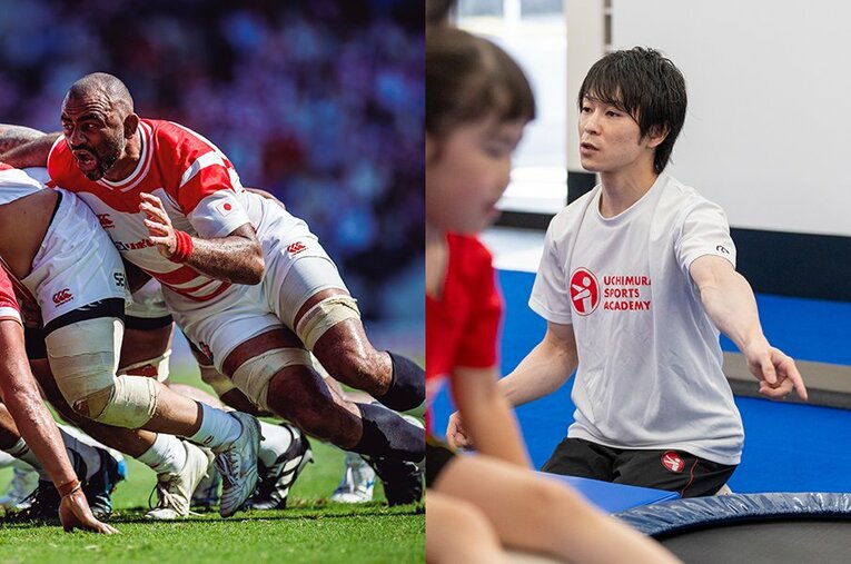 ラグビー日本代表・リーチマイケル（左）と現役引退後は体操の普及活動を行なう内村航平 ／ photograph by Kiichi Matsumoto ©JRFU 2026 / Shiro Miyake
