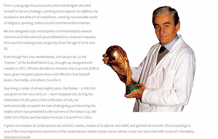 W杯トロフィーの生みの親であるガッザニガ　※ガッザニガの公式ホームページより