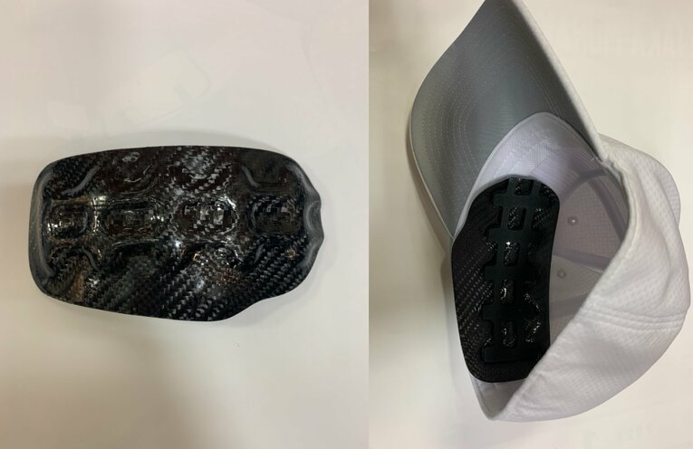 SST社が開発したヘッドガード（右投げ用）。大小のマジックテープ（付属）をアイロンの熱を利用して装着