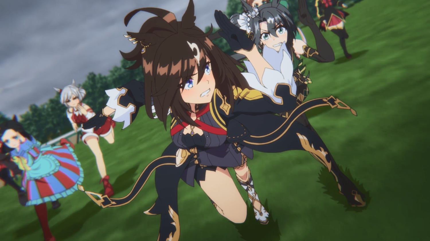 ドゥラメンテの進路取りも再現、右奥のサトノクラウンは少し進路が塞がれる形に　©2023 アニメ「ウマ娘 プリティーダービー Season 3」製作委員会