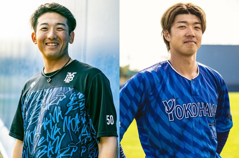 プロ8年目の捕手・山本祐大（左）と4年目の外野手・梶原昂希 ／ photograph by Nanae Suzuki / Takuya Sugiyama 