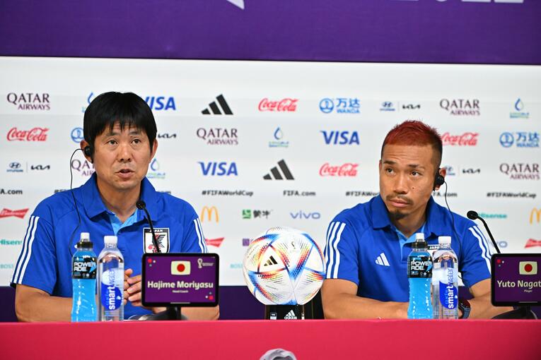 クロアチア戦前日、長友のあとを受けて話す森保監督　©Takuya Kaneko／JMPA