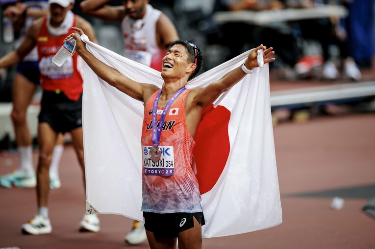 世界陸上男子35km競歩で銅メダルを獲得した勝木隼人。序盤から酷暑の悪コンディションの中で積極的にレースを引っ張った　©Kiichi Matsumoto