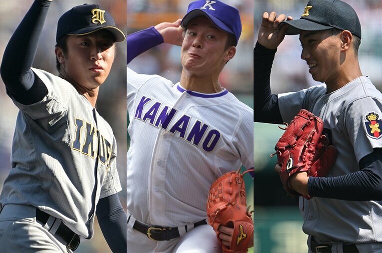2018年夏の甲子園、1人で投げ切った金足農・吉田輝星（写真中央）。そこから5年、仙台育英や慶応のような投手運営が増えている ／ photograph by Hideki Sugiyama