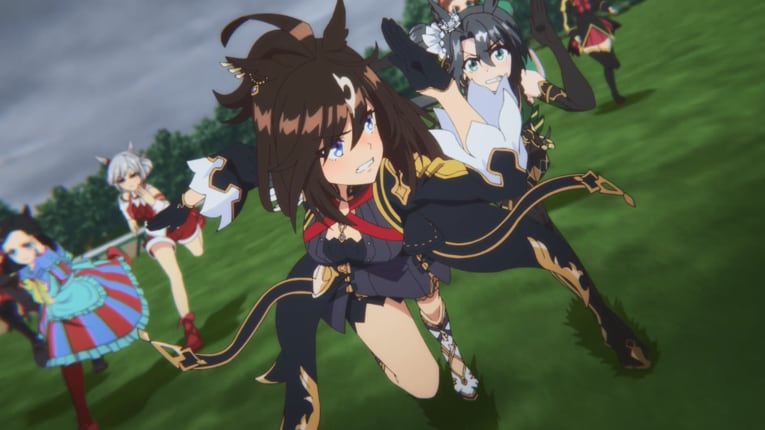 ドゥラメンテの進路取りも再現、右奥のサトノクラウンは少し進路が塞がれる形に　©2023 アニメ「ウマ娘 プリティーダービー Season 3」製作委員会