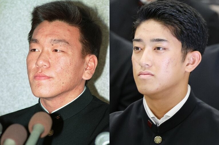 （左）1992年ドラフト会議での松井／（右）巨人に強行指名を受けた織田 ／ photograph by JIJI PRESS