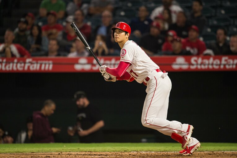 2018年シーズンの大谷翔平（メジャー1年目）。今季と比較すると、体の線は細かった