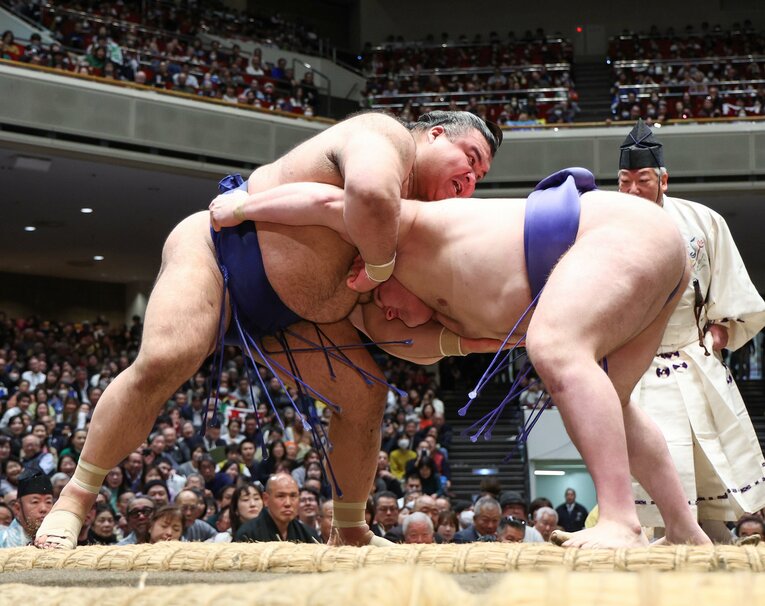 今年1月の初場所6日目、低い姿勢で高安（左）を攻める安青錦（右）　©JIJI PRESS