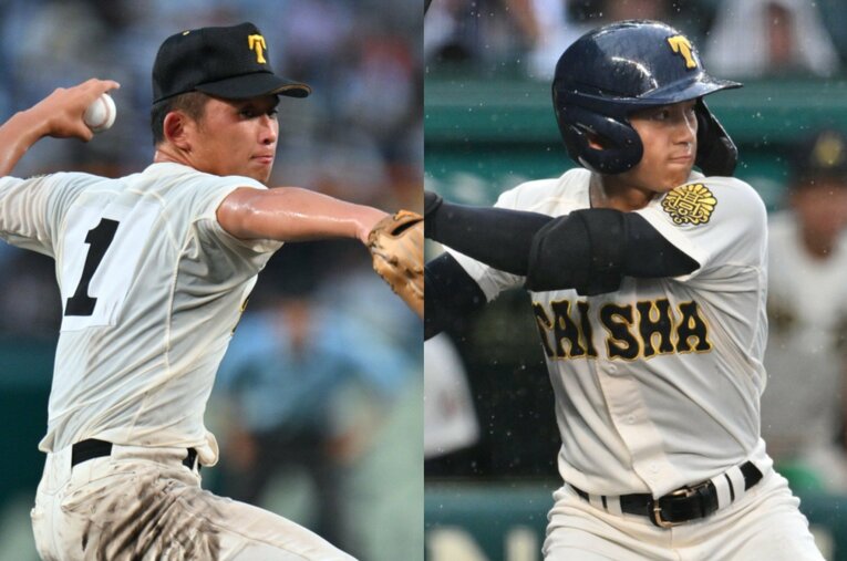 大躍進のベスト8進出を果たした大社のエース・馬庭優太（左）と俊足巧打が目立った1番の藤原佑。プロスカウトはどう評価した？ ／ photograph by Hideki Sugiyama