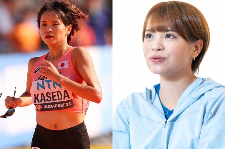 ブダペスト世界陸上日本代表など、女子マラソンのトップ戦線で挑戦を続ける加世田梨花 ／ photograph by L)AFLO、R)Takuya Sugiyama