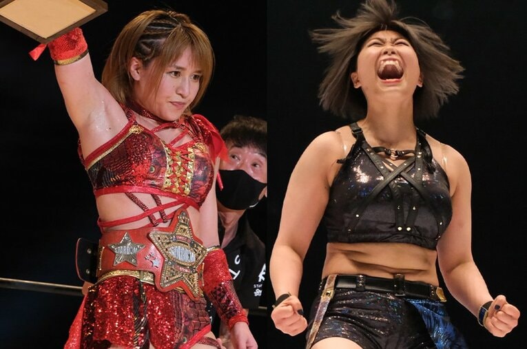 4度目の王座防衛を果たした朱里と、シンデレラ・トーナメント優勝のMIRAI。God's Eyeの快進撃が続いている ／ photograph by Norihiro Hashimoto