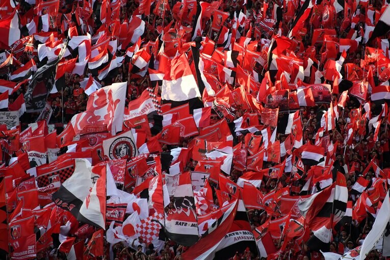 大量の旗が振られる様子