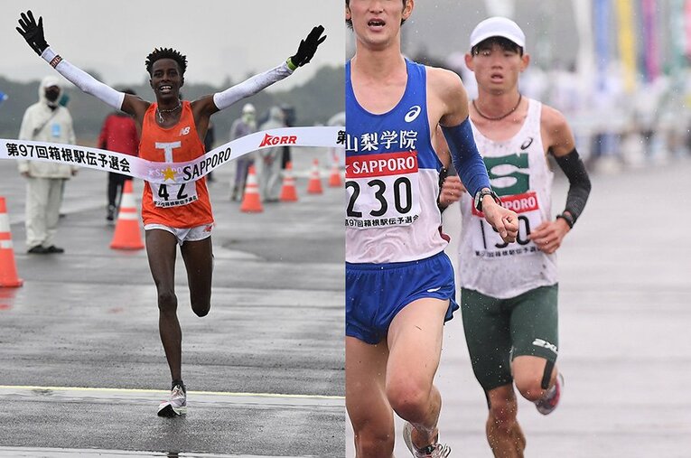 箱根駅伝予選会を全体1位でフィニッシュした拓大・ラジニ（左）。専大は2年生・高瀬桂が調子を上げている。 ／ photograph by JMPA