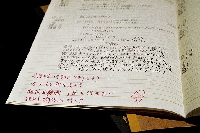 タイムや課題が細かく綴られた荒井の練習日誌には、原からのコメントがいくつも残されている　©Satoshi Wada