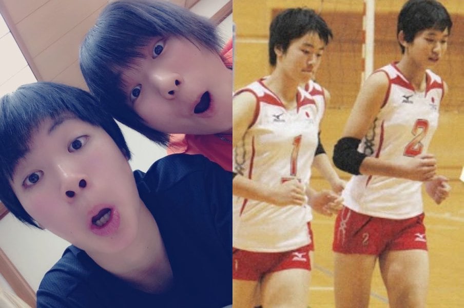 今では家族のような付き合いだという白井美沙紀と古賀紗理那。右写真は中学選抜の写真（白井さん提供）