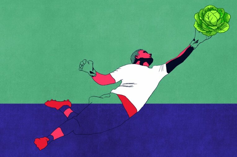 『フランス・フットボール』誌面は、フランスの雑誌らしくエスプリの効いたイラストの数々で「サッカー選手と食事」を表現した ／ photograph by L’Équipe