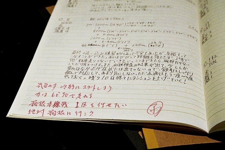 タイムや課題が細かく綴られた荒井の練習日誌には、原からのコメントがいくつも残されている　©Satoshi Wada
