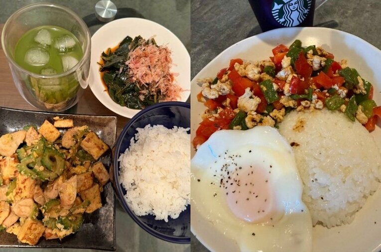 SNSにアップしている食事。左は鶏胸肉のゴーヤチャンプルーとモロヘイヤのおひたし、右は鶏胸肉のガパオライス　©雷鵬氏のXより