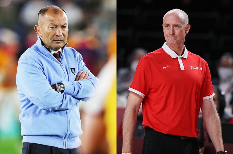 2015年ラグビーW杯で南アフリカ撃破に導いたエディー・ジョーンズ（左）。東京五輪で女子バスケ代表を銀メダルに導いたトム・ホーバス（右） ／ photograph by Naoya Sanuki/Kaoru Watanabe（JMPA）