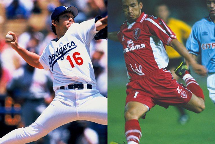 L）ドジャース時代の野茂英雄　©Kazuaki Nishiyama　R）ペルージャ時代の中田英寿　©Naoya Sanuki