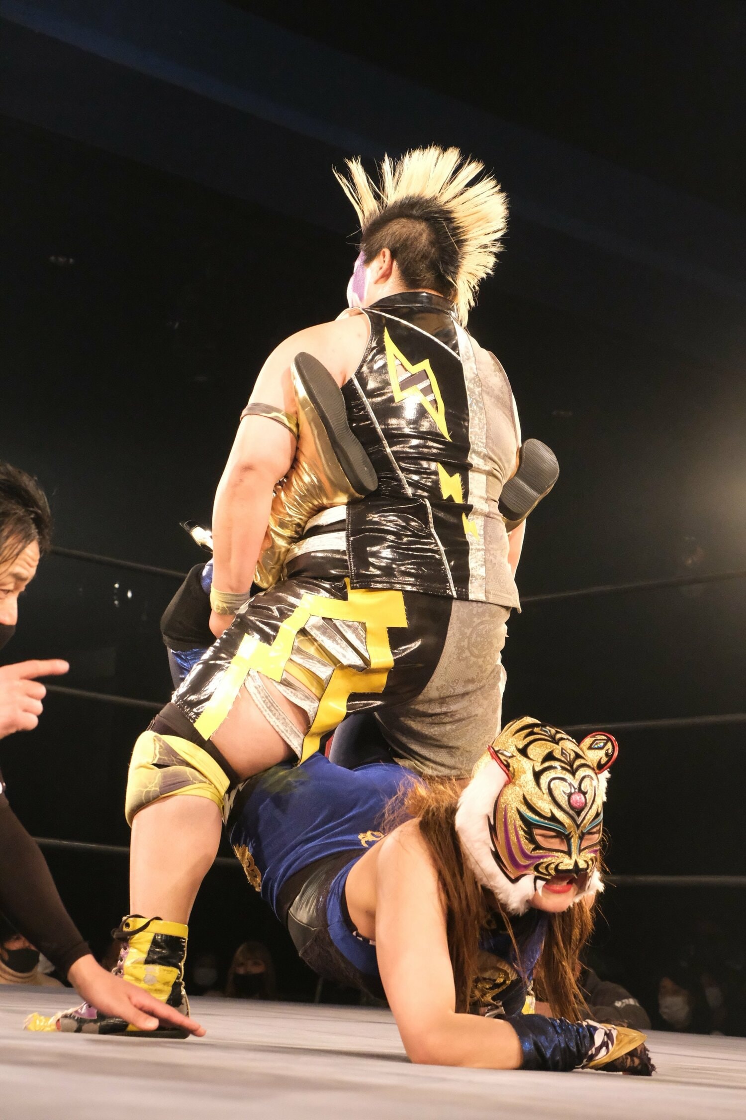 逆エビ固めに苦しむ表情が、新マスクの下に覗く