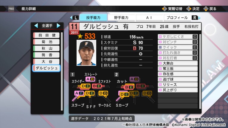 ダルビッシュ有投手・能力チャート（通常時）　©Konami Digital Entertainment