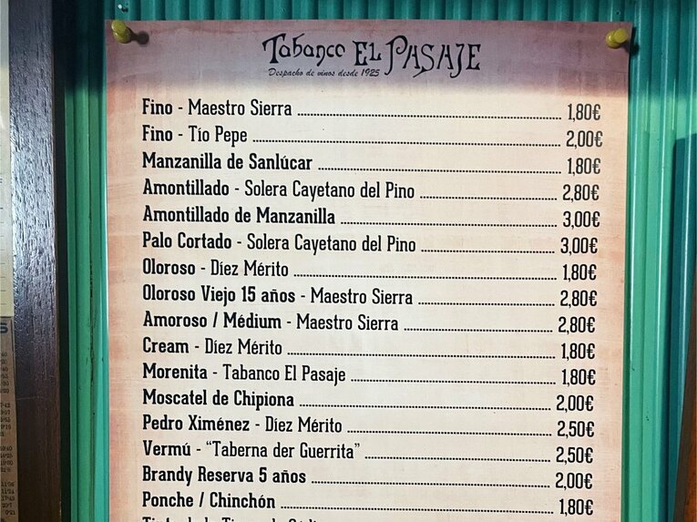 シェリー酒のメニュー表