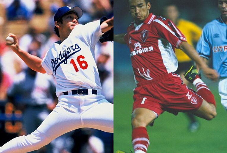 L）ドジャース時代の野茂英雄　©Kazuaki Nishiyama　R）ペルージャ時代の中田英寿　©Naoya Sanuki