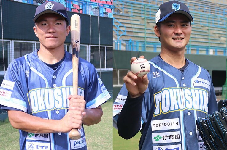 独立リーグ徳島の茶野篤政（左）と中山晶量。ドラフト育成指名にかかった　©Kou Hiroo