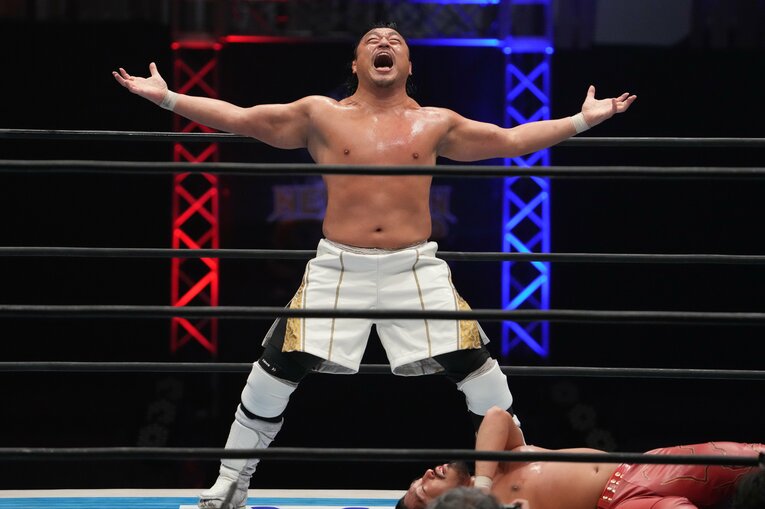 レインメーカーポーズを決める後藤洋央紀　©Masashi Hara