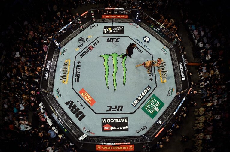 7月にUFCで行われたジャスティン・ポワリエ対コナー・マクレガーの一戦。俯瞰で見ると、直径30フィート（約9.1m）の「オクタゴン」の広さがよくわかる ／ photograph by Getty Images
