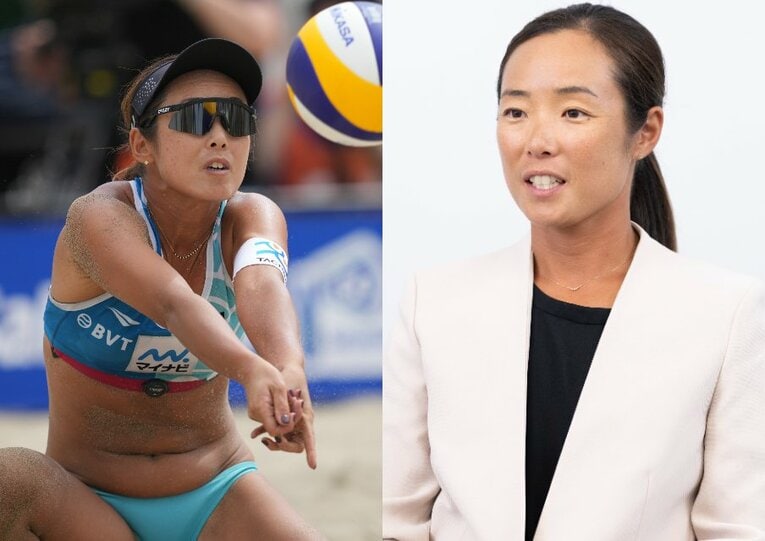 日本代表として東京五輪に出場し、現在は選手会長を務めるビーチバレー選手の村上めぐみ ／ photograph by L)Kazuaki Matsunaga、R)Asami Enomoto