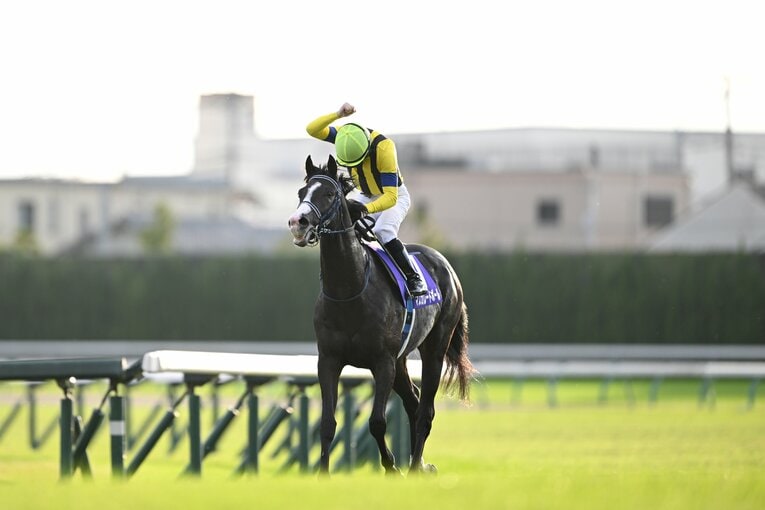 秋華賞、菊花賞につづき、3週連続でGIタイトルを手にしたルメール。馬上で喜びを噛みしめる　©Keiji Ishikawa