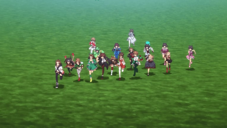 最終直線で進路がやや塞がった格好のキタサンブラック（左から2番目）　©2023 アニメ「ウマ娘 プリティーダービー Season 3」製作委員会