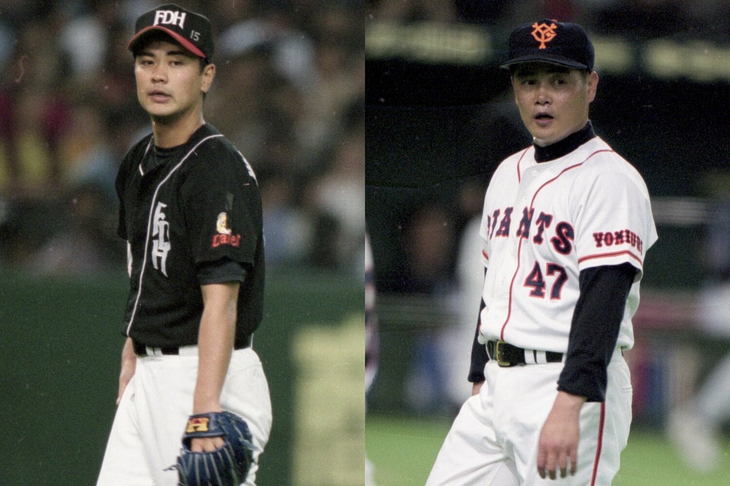 ダイエーは喪章をつけ帽子に「15」と書き込んだ若田部(左)、巨人は工藤(右)が第1戦に先発した ©Koji Asakura(2)