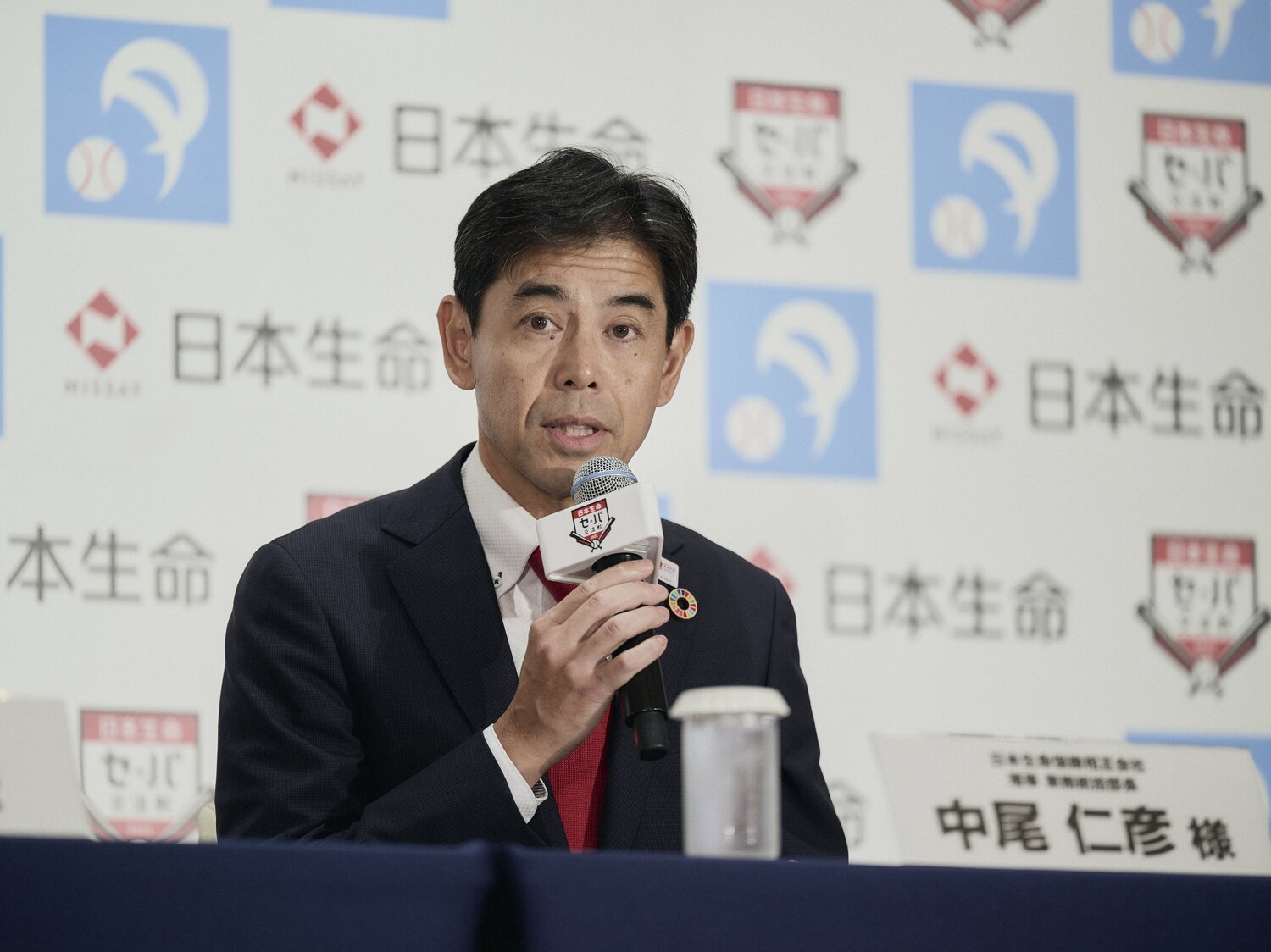 20回目を迎える「日本生命セ・パ交流戦」に、力強く意気込みを語った中尾仁彦理事業務統括部長 ©︎Yuki Suenaga