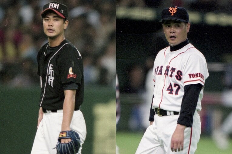 ダイエーは喪章をつけ帽子に「15」と書き込んだ若田部（左）、巨人は工藤（右）が第1戦に先発した　©Koji Asakura(2)