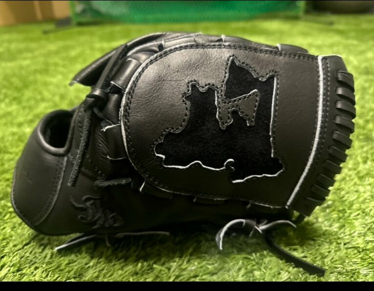 故郷・青森県のシルエットの刺繍を入れた種市のグラブ　©︎Chiba Lotte Marines