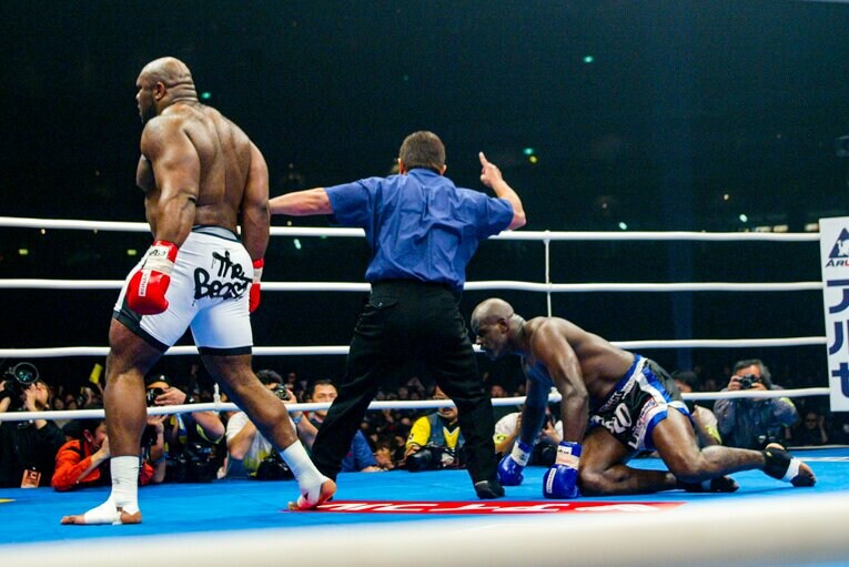 サップの強烈なパンチに、ホーストがダウンを奪われる