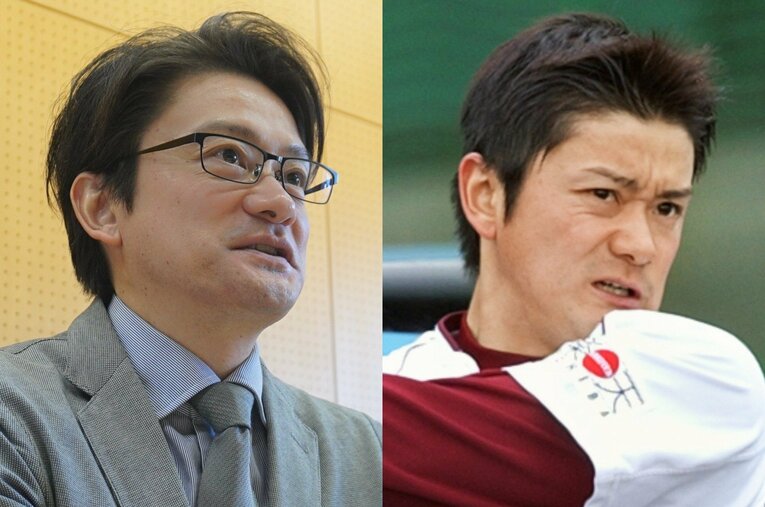 楽天でのプロ野球選手時代と、立正大で准教授になった現在の西谷尚徳さん。両極端ともいえる2つの職業に通じるものは？ ／ photograph by (L)NumberWeb、(R)JIJI PRESS