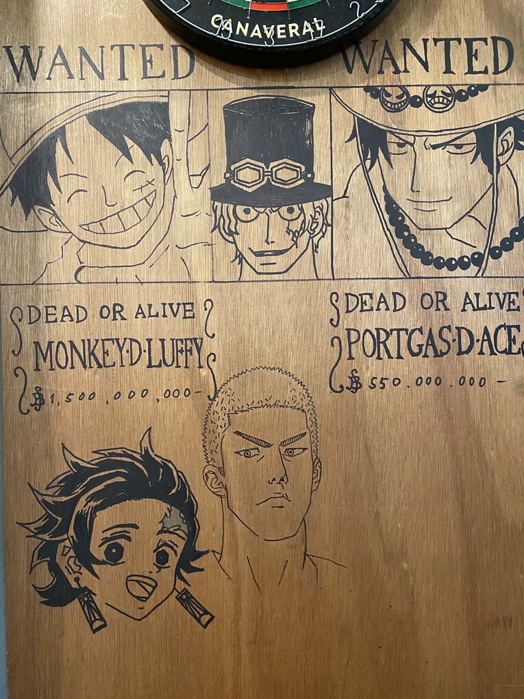 ダーツボードの下に牧田が描いた日本の漫画のキャラクターたち　©本人提供