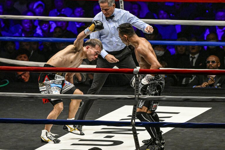 ドネアの右アッパーをまとも被弾し、よろめく堤聖也（2枚目／全3枚） ©Takuya Sugiyama