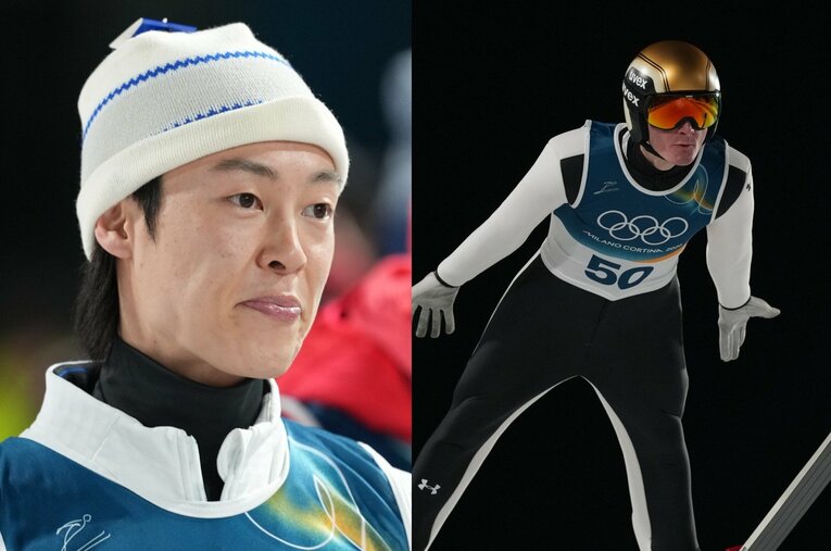 連覇を狙った小林陵侑（左）は8位、今季W杯総合ランキング1位のドメン・プレブツは6位とメダルを逃す波乱があった男子ノーマルヒル ／ photograph by ©Tsutomu Kishimoto/JMPA