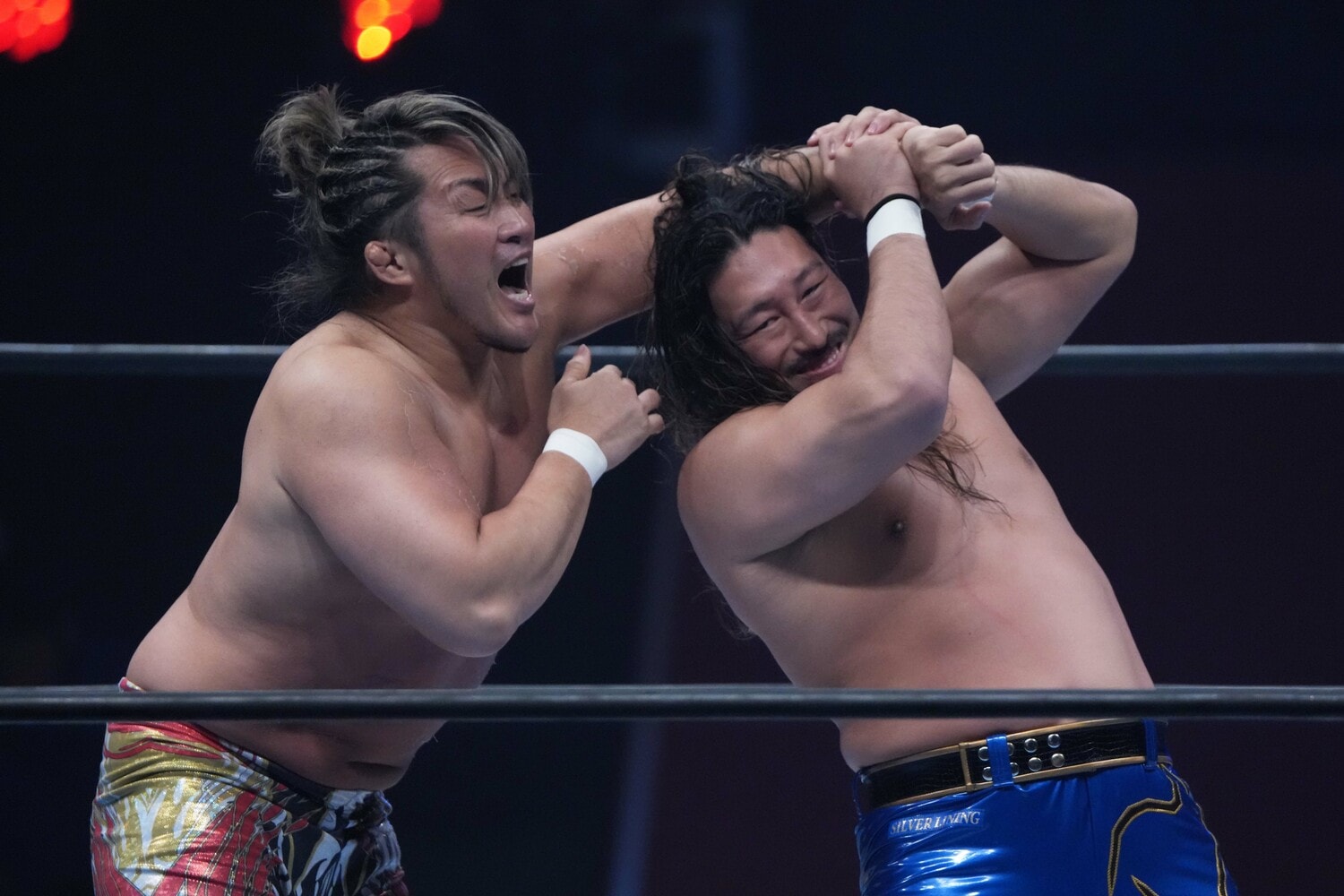 棚橋弘至の腕を攻める辻陽太。11月2日、岐阜メモリアルセンターで愛ドーム　©Essei Hara