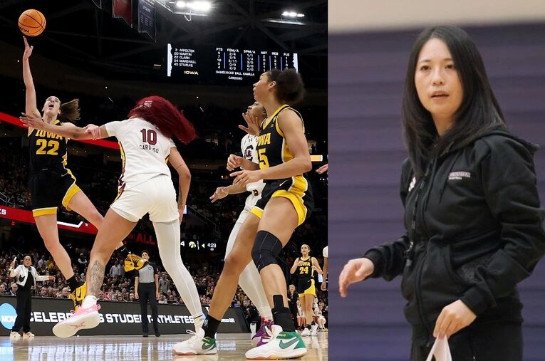 左：史上初めて視聴者数が男子決勝を上回ったNCAA女子決勝。右：NCAA2部ウェストミンスター大で女子バスケチームのヘッドコーチを務める森田麻文（39歳） ／ photograph by L：Getty Images ／R：Asami Morita
