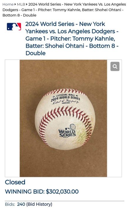 大谷翔平・ワールドシリーズ初ヒット球　※MLBオークションより