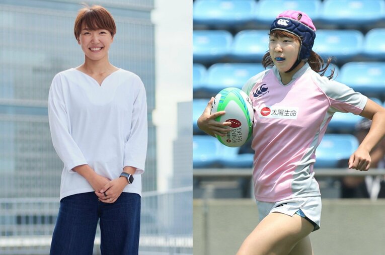 23歳で陸上競技を引退後、結婚・出産を経て26歳で“まさかの”ラグビー挑戦を表明した寺田明日香。トップハードラー時代から価値観の変化があったという ／ photograph by (L)Yuki Suenaga、(R)JIJI PRESS