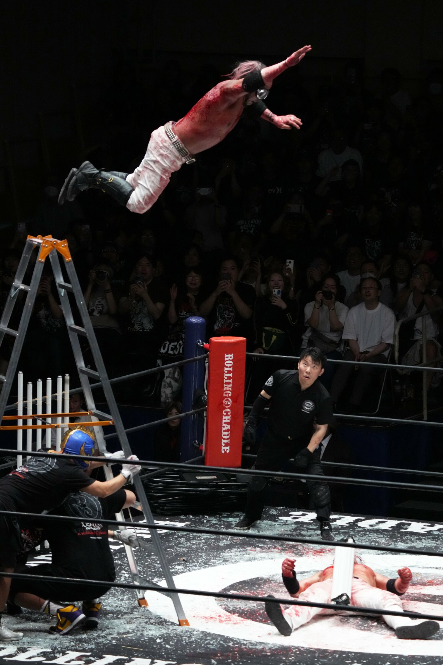 ラダーからパールハーバースプラッシュを放つ葛西純　©Essei Hara