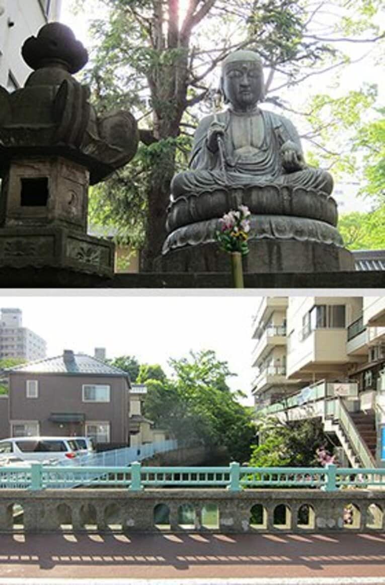 【写真上】 「銅造地蔵菩薩坐像」、通称“品川大仏”。お地蔵さんなので坊主頭で、宝珠と錫杖を持っていますね。旅の安全を守ってくれています。
【写真下】 欄干の飾りにわずかだが古き時代の面影を残す泪橋。