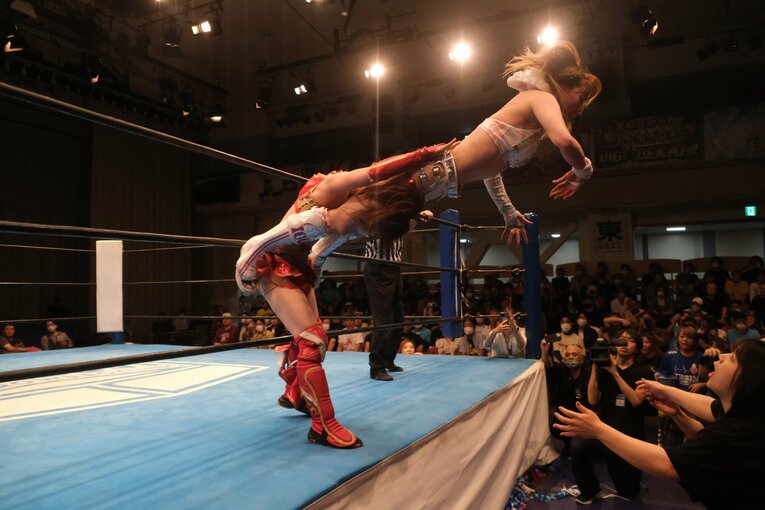 エプロンから場外へ岩谷を投げ捨てた藤本。攻め、受けともにハイレベルな闘いが続いた